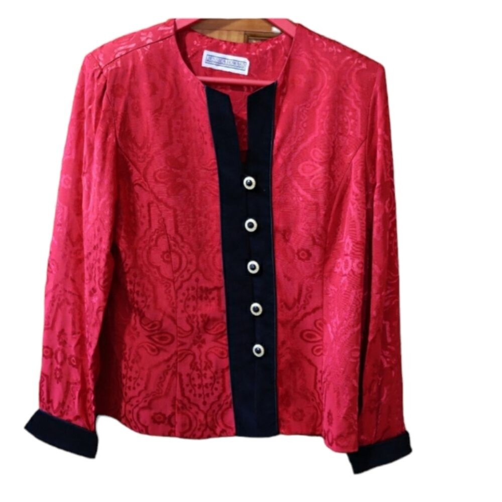 Jessica Howard Vintage 90s Red & Black Velour Trim Collarless Blazer Jacket 12